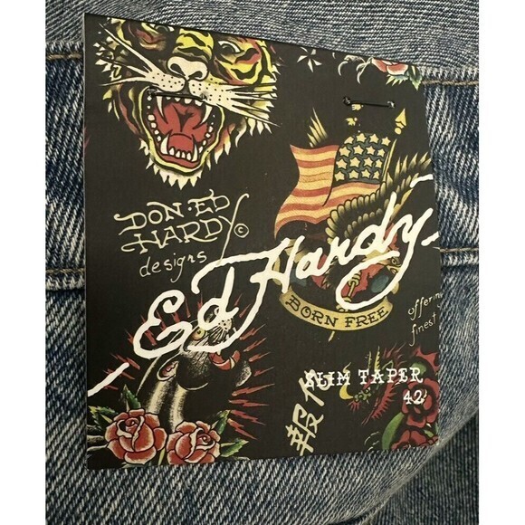 Ed Hardy Designer Slim Taper Eagle Print Light Blue Denim Jeans Size 42 NWT - Picture 5 of 10